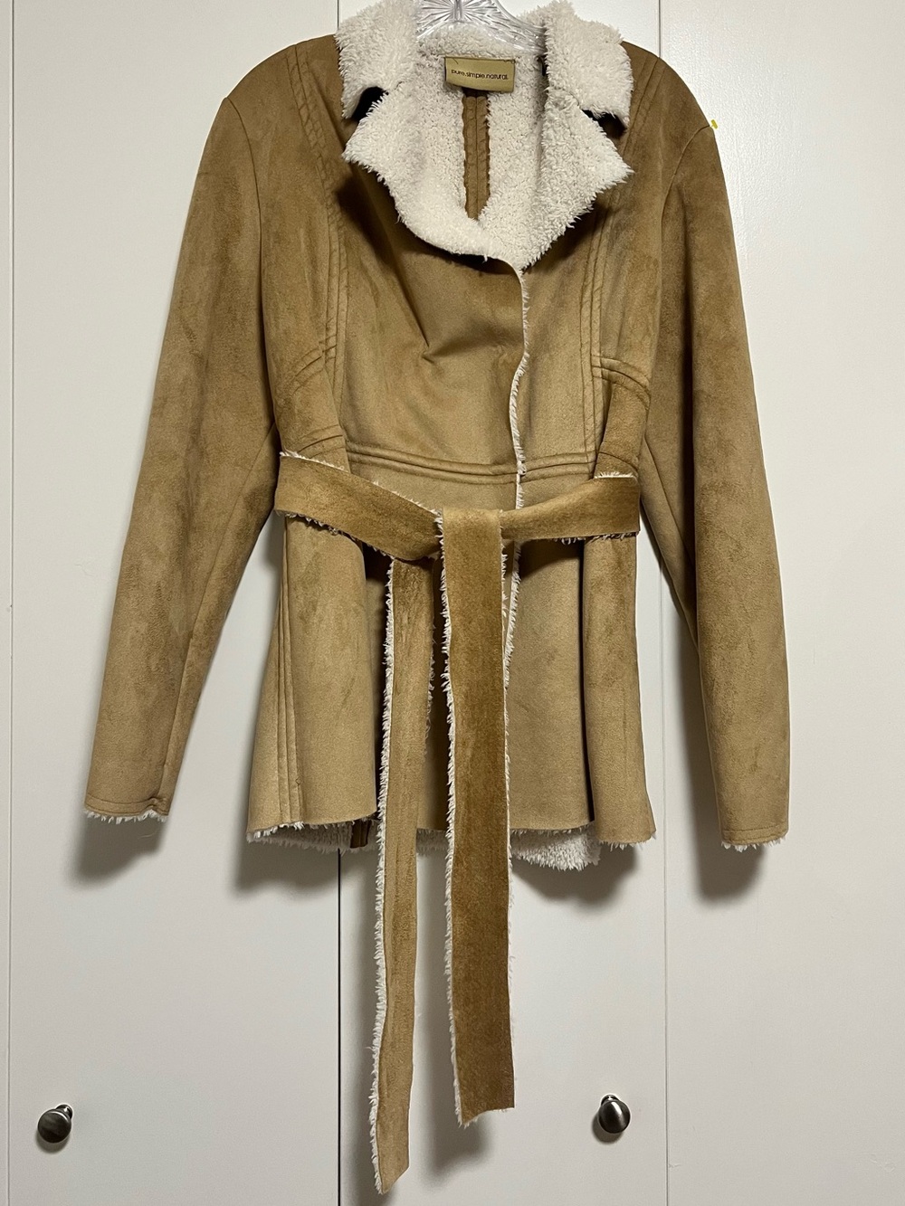 Pure Simple Natural Women's M Tan Vegan Suede White Faux Fur Lined Belted Jacket